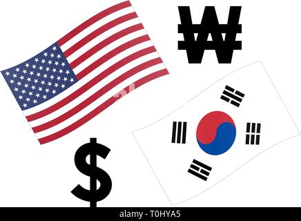 USDKRW forex currency pair vector illustration. American and Korean flag, with Dollar and Won symbol. Stock Vector