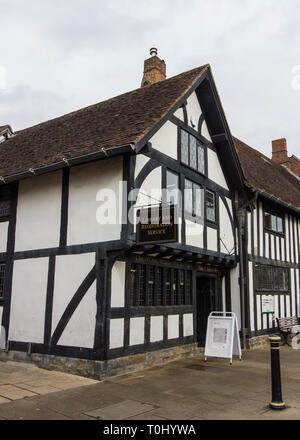 Library in Stratford Upon Avon, Black and white timber framed building - England UK Stock Photo
