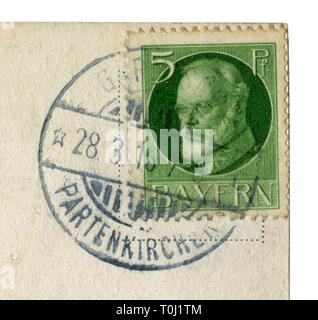 Bavarian-German historical stamp: The last king of Bavaria Ludwig III, 28 march 1916, Garmisch-Partenkirchen, world war one, Germany, German Empire Stock Photo