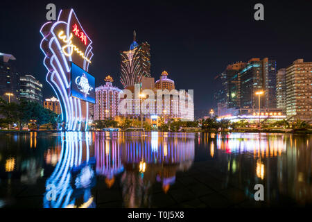 Macau, China - October 14, 2017: Night view of Macau (Macao). The Grand Lisboa is the tallest building in Macau (Macao) and the most distinctive part  Stock Photo