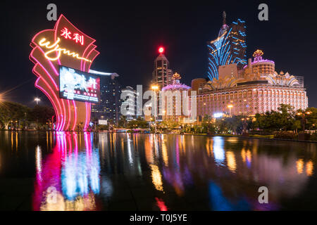 Macau, China - October 14, 2017: Night view of Macau (Macao). The Grand Lisboa is the tallest building in Macau (Macao) and the most distinctive part  Stock Photo