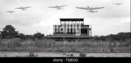 Avro lancasters flying over world war two airfield, RAF Coleby Grange Stock Photo