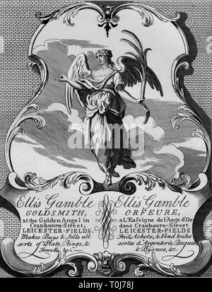 Trade card of goldsmith Ellis Gamble, 1720s, (1827). Creator: Thomas Cook. Stock Photo