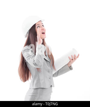 young woman architect with drawings.isolated on white Stock Photo