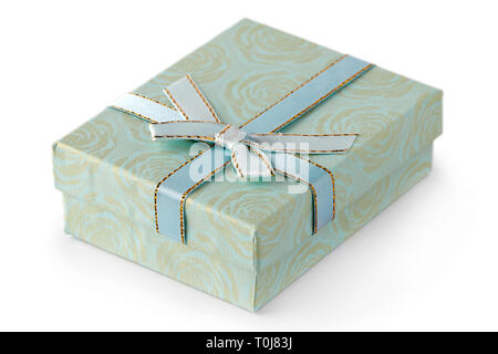 Green gift box with bow isolated on white background Stock Photo