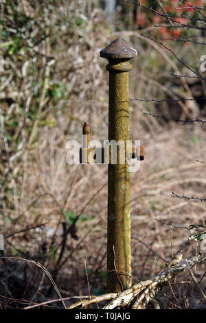 Old rusty metal gate post Stock Photo