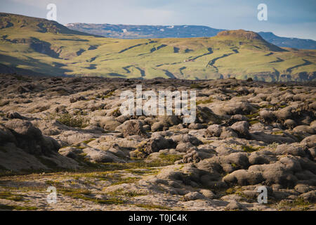 Beautiful volcanic mossy landscape in Iceland with mountain background Stock Photo