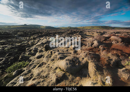 Lava field and lava rocks covered by the moss, panorama Stock Photo