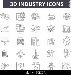 3d industry line icons. Editable stroke signs. Concept icons: industrial design, technology, factory, construction business, production, equipment Stock Vector