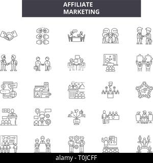 Affiliate marketing line icons. Editable stroke signs. Concept icons: business, advertising network, social media, customer attraction, lead Stock Vector