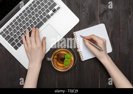 Woman hands drawing or writing with pen in open notebook Stock Photo