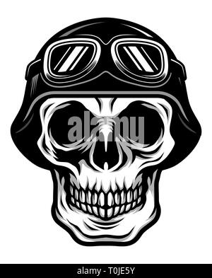 Detailed Classic Skull Head Wearing Retro Biker Helmet and Pilot Glasses Illustration Stock Vector