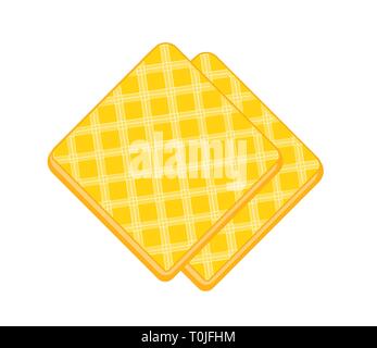Two crispy waffles. Flat illustration of wafer biscuit slice isolated on layer. Vector yellow crispy pastry. Dessert for the design of the menu of the Stock Vector
