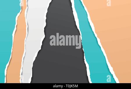 Colorful torn vertical paper strips are on black background. Vector illustration. Stock Vector