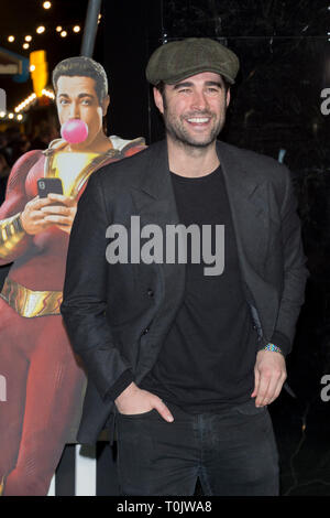 London, UK. 20th Mar 2019. Matt Johnson (presenter) attends the photocall as 'SHAZAM!' stars open the world’s first Superpowered funfair in the capital.  Open to the public from 21st-22nd March at Bernie Spain Gardens on the South Bank.  Inspired by the superpowers of DC hero SHAZAM! and brought to life using magic and illusions, fans can test their powers of Strength, Courage, Stamina, Power, Speed and Wisdom to win prizes.   Credit: Stephen Chung / Alamy Live  News Stock Photo