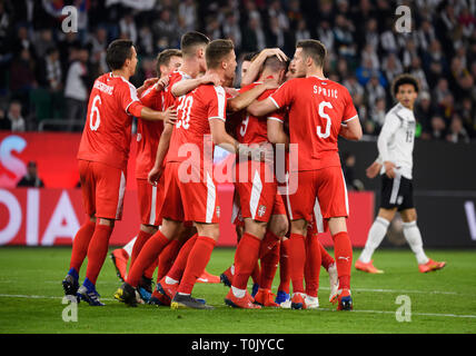 Wolfsburg, Germany. 20th Mar, 2019. Serbia's players celebrate scoring during an international friendly match between Germany and Serbia in Wolfsburg, Germany, March 20, 2019. Credit: Kevin Voigt/Xinhua/Alamy Live News Stock Photo