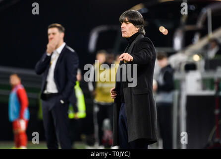 Wolfsburg, Germany. 20th Mar, 2019. Germany's head coach Joachim Loew (R) reacts during an international friendly match between Germany and Serbia in Wolfsburg, Germany, March 20, 2019. Credit: Kevin Voigt/Xinhua/Alamy Live News Stock Photo