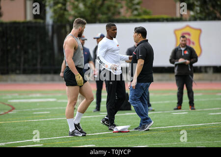 Former Utah Utah quarter back Troy Williams (1) throwing during the USC Trojans Pro Day at the Cromwell Field and Loker Stadium on Wednesday March 20, 2019 (Photo by Jevone Moore) Stock Photo