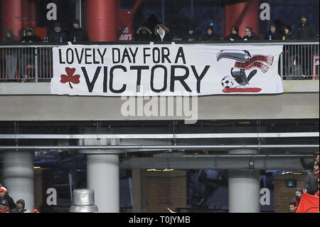 Fans banner during 2019 MLS Regular Season match between Toronto FC (Canada) and New England Revolution (USA) at BMO Field in Toronto. (Final Score: Toronto FC 3 - 2 New England Revolution) Stock Photo