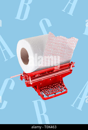 A copywriting concept. Red typewriter with toilet roll instead of paper and letters on the blue background. Modern design. Contemporary art collage. Stock Photo