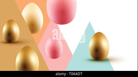 Easter event layout design with gold and pastel coloured Easter eggs. Vector illustration. Stock Vector