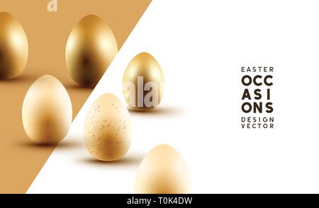 Happy Easter composition with gold and cream Easter eggs. Vector illustration. Stock Vector