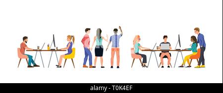 A group of casual business people working in an office as a team. Vector illustration. Stock Vector