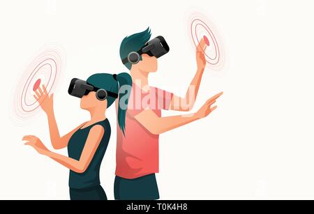 Two young adults using virtual reality headsets. People vector illustration. Stock Vector