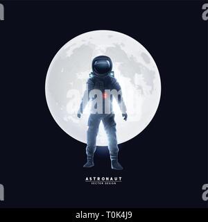 An astronaut spaceman stood in front of the moon. Vector illustration. Stock Vector