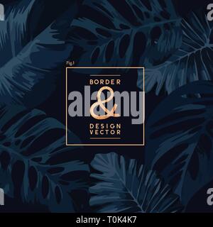Frame template design with dark tropical leaves. Vector illustration. Stock Vector