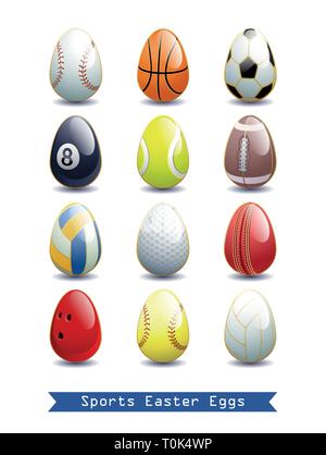 Big Collection of different Sports Easter Eggs for your creative works. Baseball, Basketball, Soccer, Billiard, Tennis, American Football, Beach Volle Stock Vector