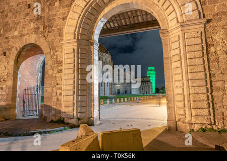 Pisa Tower in Square of Miracles for St Patrick's Day Celebrations. View from outside city walls. Stock Photo