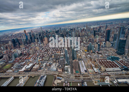 Wide angle aerial view of Midtown Manhattan from helicopter, New York City. Stock Photo