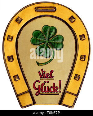symbol, good luck symbol, horseshoe, clover leaf, good luck, cover of a very old gingerbread box, Germany, circa 1929, Additional-Rights-Clearance-Info-Not-Available Stock Photo