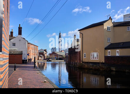 View towards the BT tower in the centre of Birmingham with lock number one in the distance Stock Photo