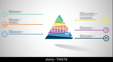 3D illustration infographic template. The embossed triangle is randomly divided to six color parts. Object is arranged on grey white background. Lines Stock Vector