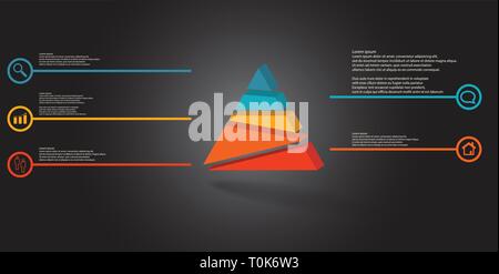 3D illustration infographic template. The embossed triangle is randomly divided to five color parts. Object is arranged on grey black background. Line Stock Vector