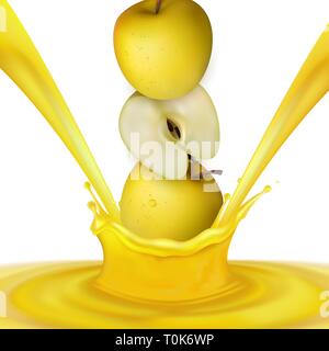 Yellow ripe apple isolated on white background. Realistic fresh fruit with juice splashes, drops. Stock Vector