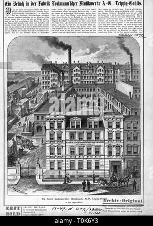 industry, muscial instruments, factory, Lochmann'sche Musikwerke AG, Leipzig-Gohlis, exterior view, wood engraving after drawing by Strassberger, 1892, Additional-Rights-Clearance-Info-Not-Available