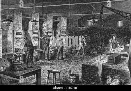 industry, muscial instruments, factory, Lochmann'sche Musikwerke AG, Leipzig-Gohlis, interior view, hardening of the combs, wood engraving after drawing by Strassberger, 1892, Additional-Rights-Clearance-Info-Not-Available