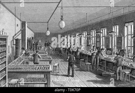 industry, muscial instruments, factory, Lochmann'sche Musikwerke AG, Leipzig-Gohlis, interior view, mounting room, wood engraving after drawing by Strassberger, 1892, Additional-Rights-Clearance-Info-Not-Available
