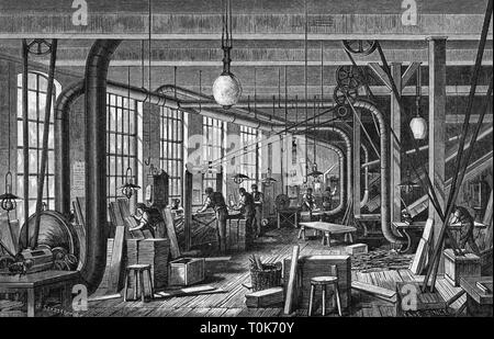 industry, muscial instruments, factory, Lochmann'sche Musikwerke AG, Leipzig-Gohlis, interior view, carpentry, machine  room, wood engraving after drawing by Strassberger, 1892, Additional-Rights-Clearance-Info-Not-Available