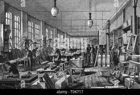 industry, muscial instruments, factory, Lochmann'sche Musikwerke AG, Leipzig-Gohlis, interior view, carpentry, production of the cabinets, machine  room, wood engraving after drawing by Strassberger, 1892, Additional-Rights-Clearance-Info-Not-Available