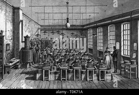 industry, muscial instruments, factory, Lochmann'sche Musikwerke AG, Leipzig-Gohlis, interior view, cutting of the punched cards, wood engraving after drawing by Strassberger, 1892, Additional-Rights-Clearance-Info-Not-Available