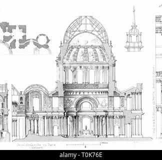 geography / travel, France, Paris, churches, Chapel of Saint-Louis-des-Invalides, built: 1670 - 1679, architect: Jules Hardouin Mansart, cross-section, illustration from 'Denkmaeler der Kunst' (Monuments of Art), by Wilhelm Luebke and Carl von Luetzow, 3rd edition, Stuttgart 1879, volume 2, steel engraving by H. Gugeler, after drawing by Wilhelm Riefstahl, chapter on architecture, plate L, Western Europe, churches, architecture, 17th century, church, baroque, sacred, religious, building, buildings, historic, historical, Denkmaler, Denkmäler, Lübk, Additional-Rights-Clearance-Info-Not-Available Stock Photo