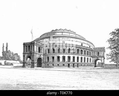 geography / travel, Great Britain, London, buildings, Royal Albert Hall, built 1867 - 1871, exterior view, illustration from 'Denkmaeler der Kunst' (Monuments of Art), by Wilhelm Luebke and Carl von Luetzow, 3rd edition, Stuttgart 1879, volume 2, steel engraving, chapter on architecture, plate LXIII, 19th century, England, building, Denkmaler, Denkmäler, Lubke, Lübke, Lutzow, Lützow, historic, historical, Additional-Rights-Clearance-Info-Not-Available
