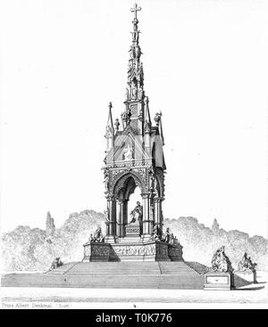 geography / travel, Great Britain, London, monuments, Albert Memorial, erected 1864 - 1875 by George Gilbert Scott, illustration from 'Denkmaeler der Kunst' (Monuments of Art), by Wilhelm Luebke and Carl von Luetzow, 3rd edition, Stuttgart 1879, volume 2, steel engraving, chapter on architecture, plate LXIII, Denkmaler, Denkmäler, Lubke, Lübke, Lutzow, Lützow, historic, historical, England, Kensington Gardens, Gothic style, Gothic period, neo-Gothic style, Gothic Revival, neo-Gothic, Gothic, monument, monuments, Additional-Rights-Clearance-Info-Not-Available