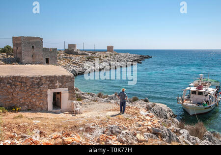 A fishermens chapel, at the little harbour of Gialia near the village of Gerolimenas in the Deep Mani. Mani peninsula, Southern Peloponnese, Greece. Stock Photo