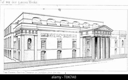 geography / travel, Great Britain, London, theatre / theater, Royal Opera House (Covent Garden Theatre), built 1808/1809 (destroyed by fire in 1857), architect: Robert Smirke, exterior view, illustration from 'Denkmaeler der Kunst' (Monuments of Art), by Wilhelm Luebke and Carl von Luetzow, 3rd edition, Stuttgart 1879, volume 2, steel engraving by H. Gugeler, after drawing by Wilhelm Riefstahl, chapter on architecture, plate LI, England, architecture, theatres, theater, 17th century, building, buildings, historic, historical, Denkmaler, Denkmäler, Additional-Rights-Clearance-Info-Not-Available