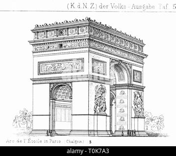 geography / travel, France, Paris, buildings, Triumphal Arch (Arc de Triomphe), built 1808 - 1835, illustration from 'Denkmaeler der Kunst' (Monuments of Art), by Wilhelm Luebke and Carl von Luetzow, 3rd edition, Stuttgart 1879, volume 2, steel engraving by H. Gugeler, after drawing by Wilhelm Riefstahl, chapter on architecture, plate LI, building, 19th century, historic, historical, landmark, monument, monuments, landmarks, Denkmaler, Denkmäler, Lübke, Lubke, Lützow, Lutzow, Additional-Rights-Clearance-Info-Not-Available Stock Photo